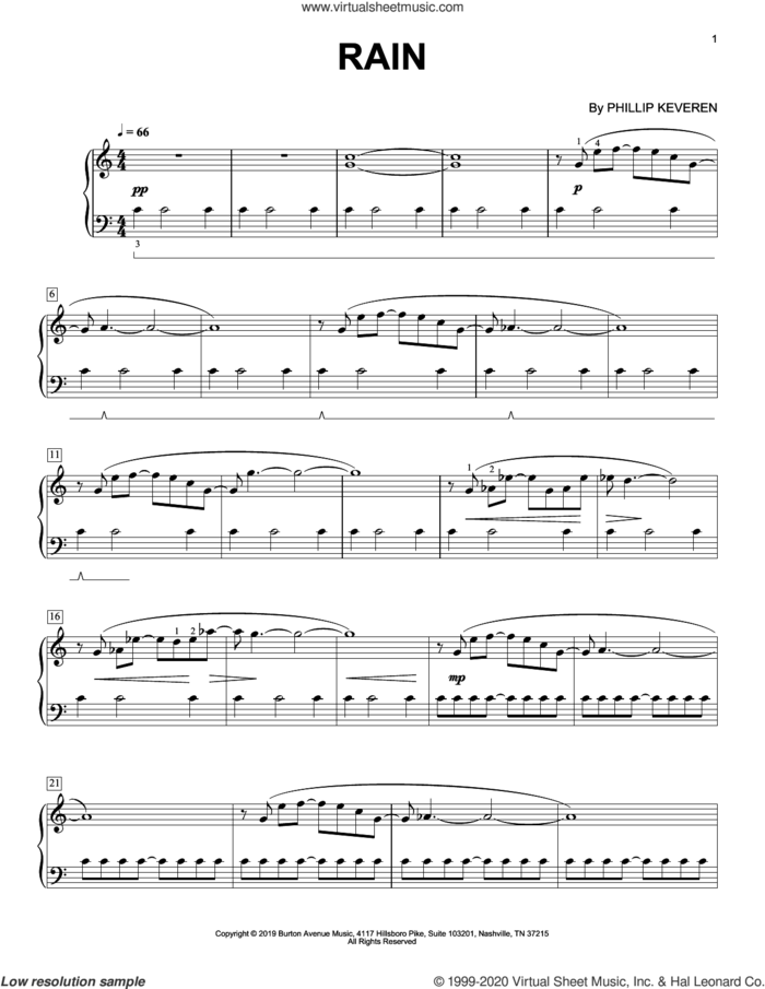 Rain sheet music for piano solo by Phillip Keveren, classical score, intermediate skill level