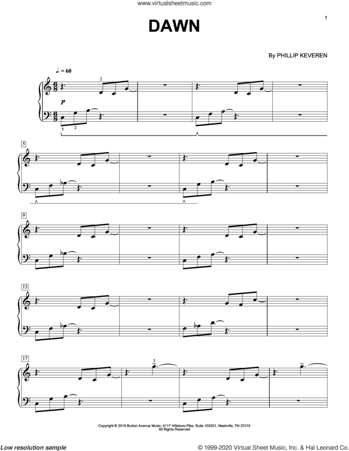 Dawn sheet music for piano solo by Phillip Keveren, classical score, intermediate skill level