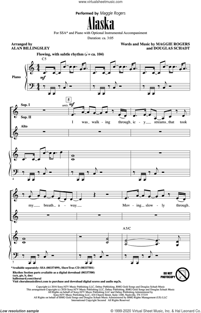 Alaska (arr. Alan Billingsley) sheet music for choir (SSA: soprano, alto) by Maggie Rogers, Alan Billingsley and Douglas Schadt, intermediate skill level