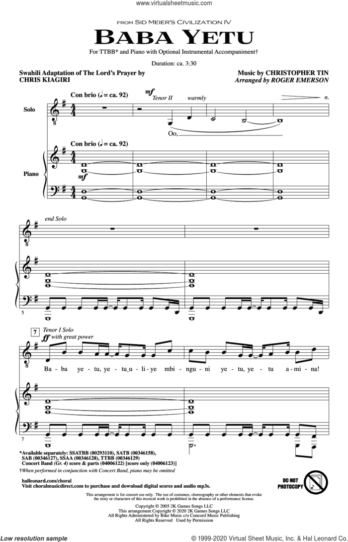 Baba Yetu (from Civilization IV) (arr. Roger Emerson) sheet music for choir (TTBB: tenor, bass) by Christopher Tin and Roger Emerson, intermediate skill level
