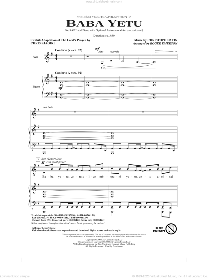 Baba Yetu (from Civilization IV) (arr. Roger Emerson) sheet music for choir (SAB: soprano, alto, bass) by Christopher Tin and Roger Emerson, intermediate skill level