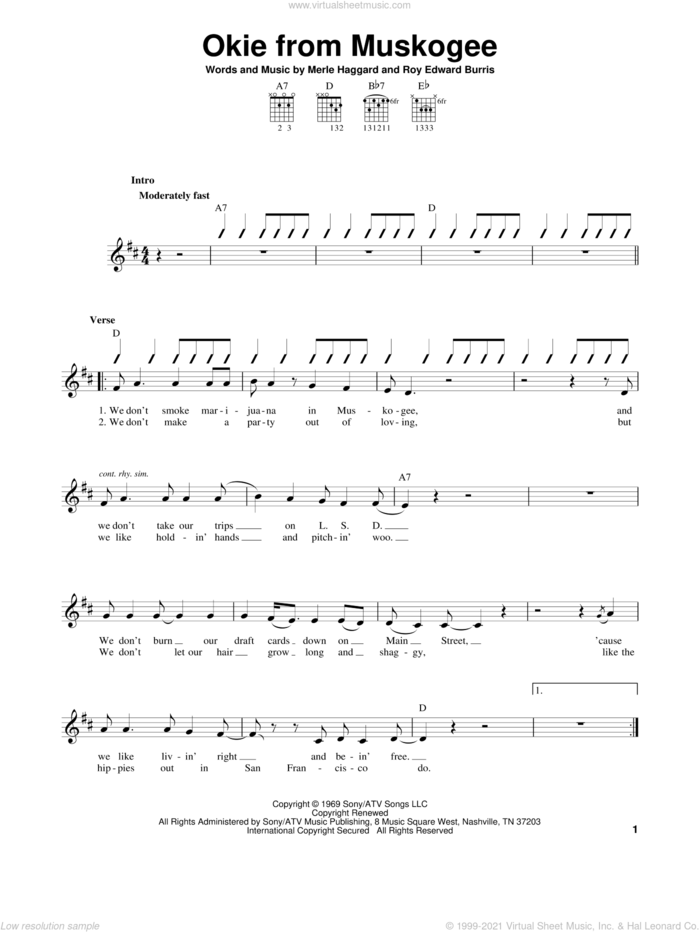 Okie From Muskogee sheet music for guitar solo (chords) by Merle Haggard and Roy Edward Burris, easy guitar (chords)