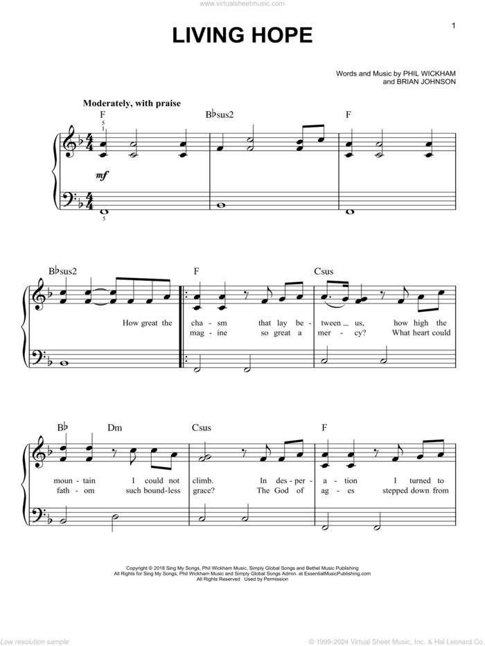 Living Hope, (easy) sheet music for piano solo by Phil Wickham and Brian Johnson, easy skill level