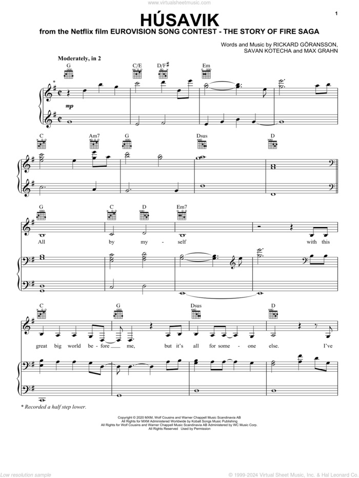 Husavik (from Eurovision Song Contest: The Story of Fire Saga) sheet music for voice, piano or guitar by Will Ferrell & My Marianne, My Marianne, Will Ferrell, Max Grahn, Rickard Goransson and Savan Kotecha, intermediate skill level
