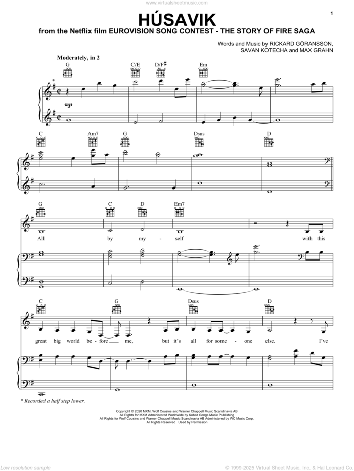 Husavik (from Eurovision Song Contest: The Story of Fire Saga) sheet music for voice, piano or guitar by Will Ferrell & My Marianne, My Marianne, Will Ferrell, Max Grahn, Rickard Goransson and Savan Kotecha, intermediate skill level