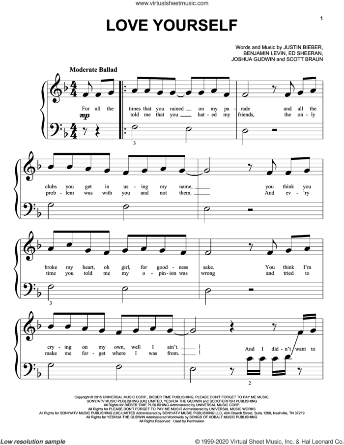 Love Yourself sheet music for piano solo (big note book) by Justin Bieber, Benjamin Levin, Ed Sheeran, Joshua Gudwin and Scott Braun, easy piano (big note book)