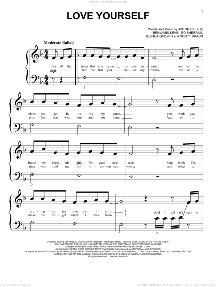 Love Yourself sheet music for piano solo (big note book) by Justin Bieber, Benjamin Levin, Ed Sheeran, Joshua Gudwin and Scott Braun, easy piano (big note book)