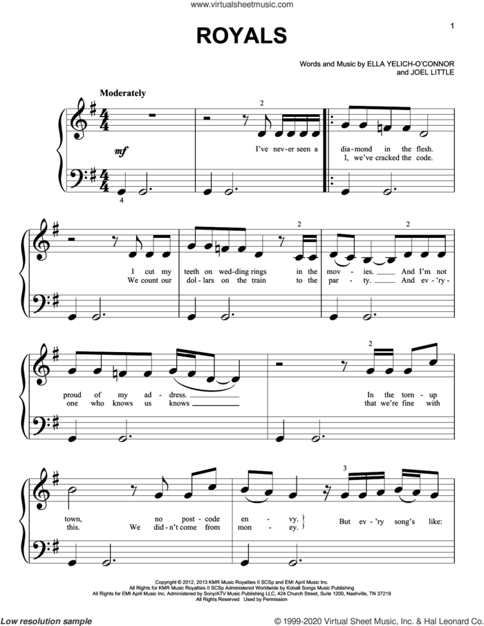 Royals sheet music for piano solo (big note book) by Lorde and Joel Little, easy piano (big note book)
