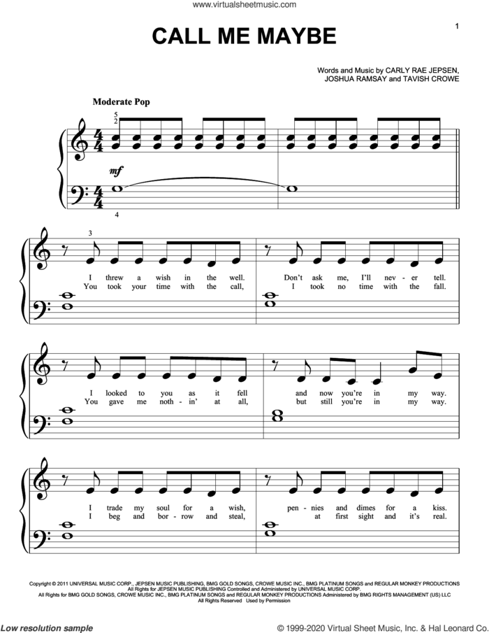 Call Me Maybe sheet music for piano solo (big note book) by Carly Rae Jepsen, Joshua Ramsay and Tavish Crowe, easy piano (big note book)