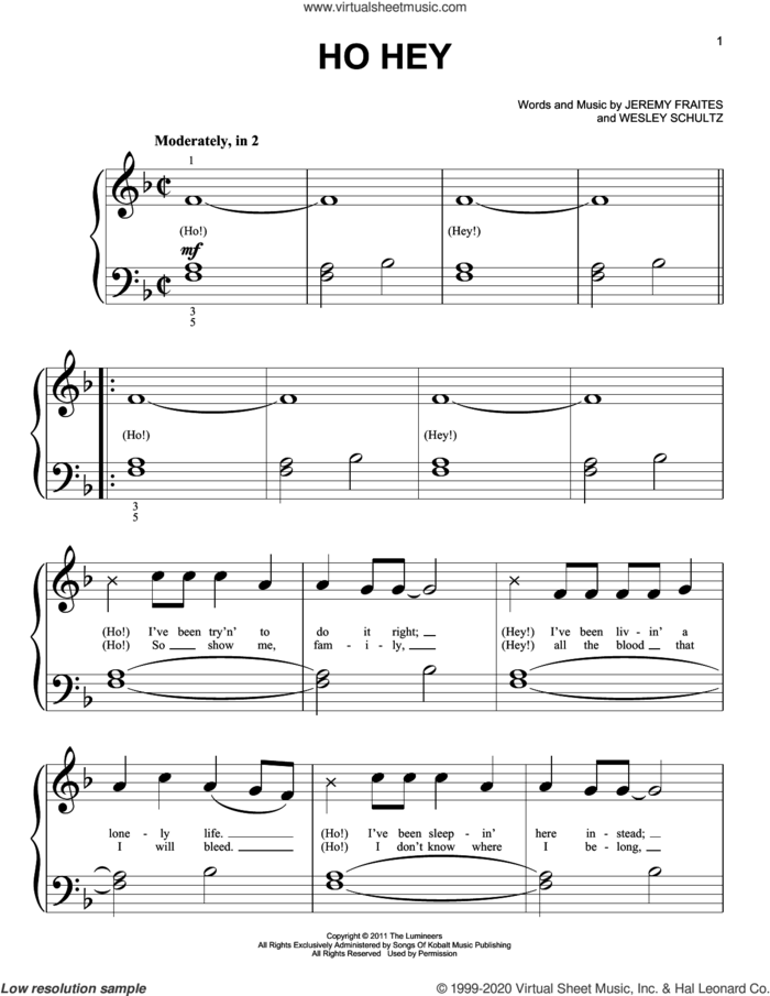 Ho Hey sheet music for piano solo (big note book) by The Lumineers, Jeremy Fraites and Wesley Schultz, easy piano (big note book)