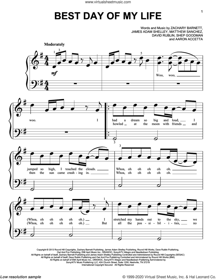Best Day Of My Life sheet music for piano solo (big note book) by American Authors, Aaron Accetta, David Rublin, James Adam Shelley, Matthew Sanchez, Shep Goodman and Zachary Barnett, easy piano (big note book)