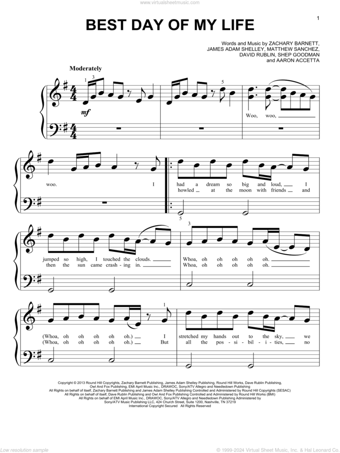 Best Day Of My Life sheet music for piano solo (big note book) by American Authors, Aaron Accetta, David Rublin, James Adam Shelley, Matthew Sanchez, Shep Goodman and Zachary Barnett, easy piano (big note book)