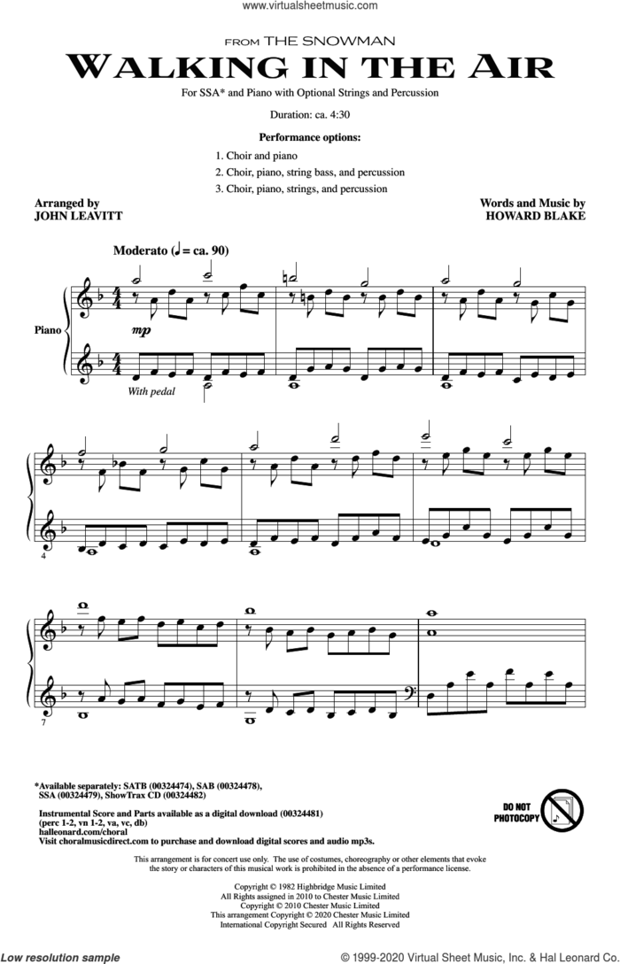 Walking In The Air (from The Snowman) (arr. John Leavitt) sheet music for choir (SSA: soprano, alto) by Howard Blake and John Leavitt, classical score, intermediate skill level
