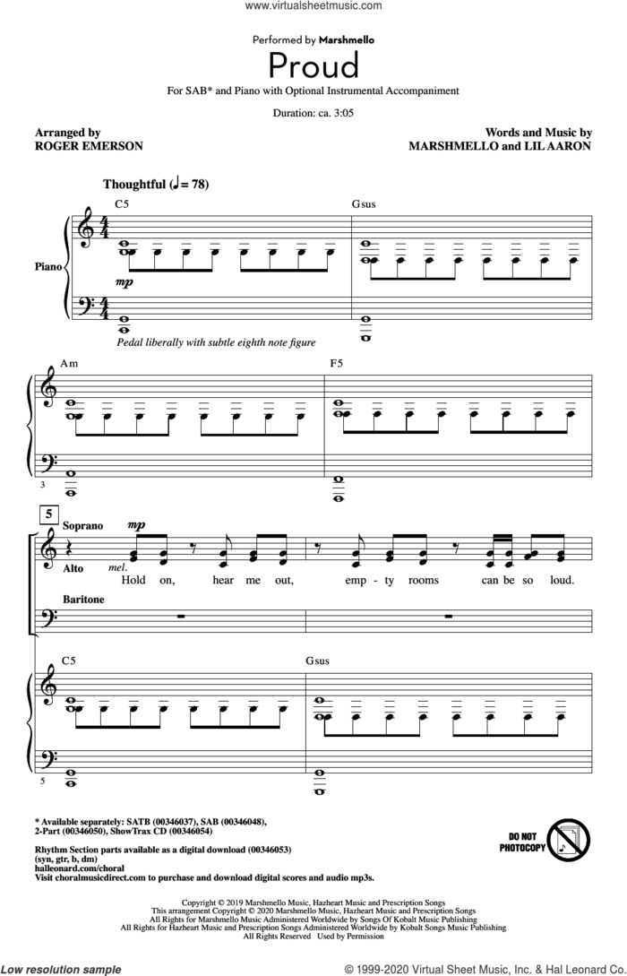 Proud (arr. Roger Emerson) sheet music for choir (SAB: soprano, alto, bass) by Marshmello, Roger Emerson and Lil Aaron, intermediate skill level