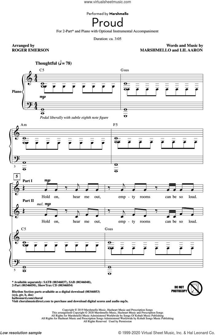 Proud (arr. Roger Emerson) sheet music for choir (2-Part) by Marshmello, Roger Emerson and Lil Aaron, intermediate duet