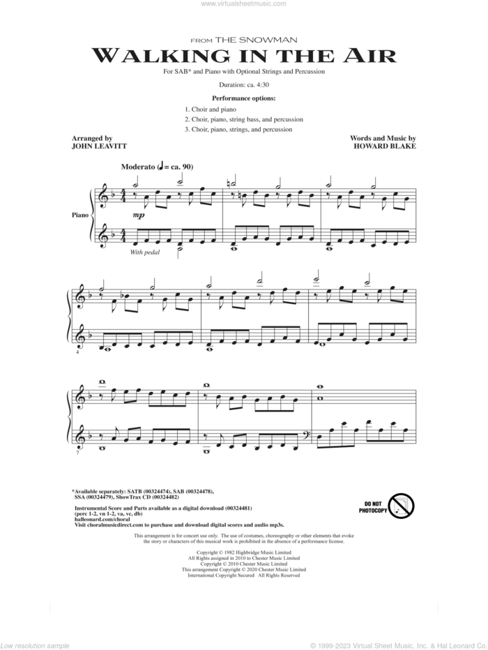 Walking In The Air (from The Snowman) (arr. John Leavitt) sheet music for choir (SAB: soprano, alto, bass) by Howard Blake and John Leavitt, classical score, intermediate skill level