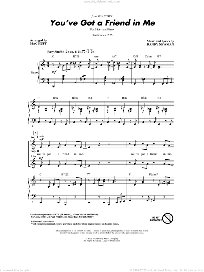 You've Got A Friend In Me (from Toy Story) (arr. Mac Huff) sheet music for choir (SSA: soprano, alto) by Randy Newman and Mac Huff, intermediate skill level