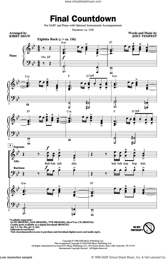Final Countdown (arr. Kirby Shaw) sheet music for choir (SAB: soprano, alto, bass) by Europe, Kirby Shaw and Joey Tempest, intermediate skill level
