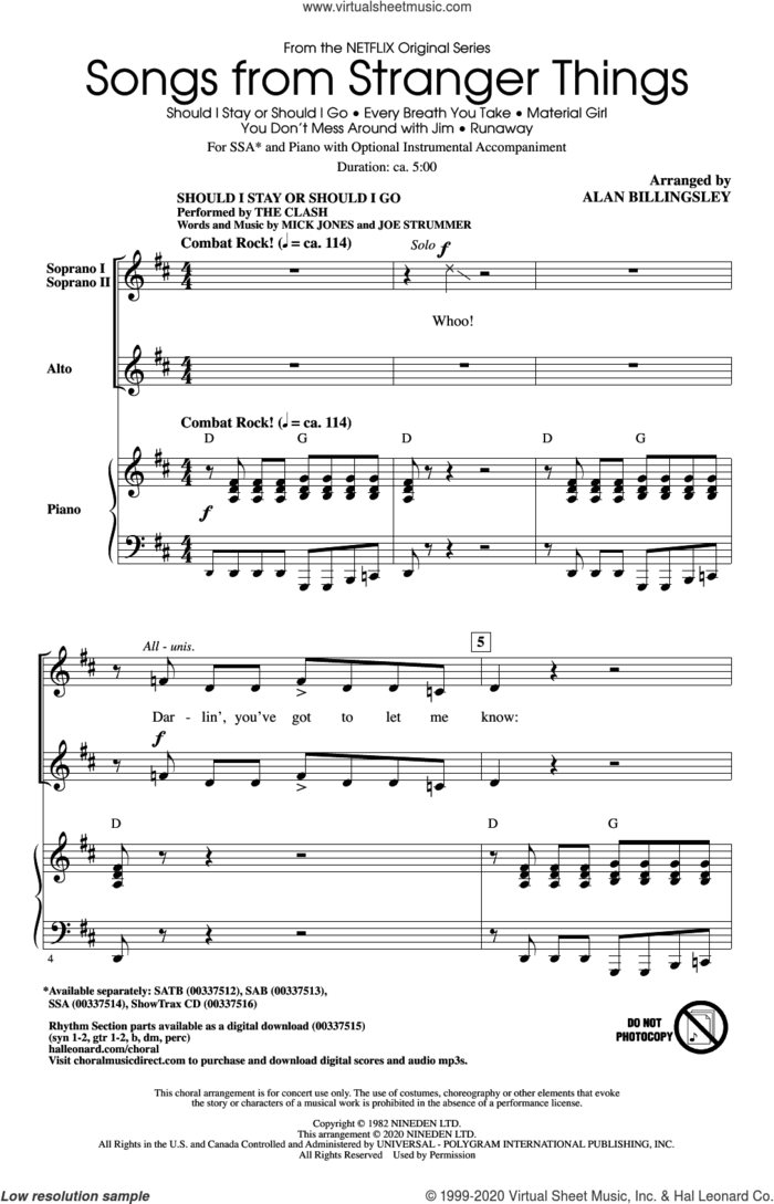 Songs from Stranger Things (arr. Alan Billingsley) sheet music for choir (SSA: soprano, alto) by Alan Billingsley, intermediate skill level