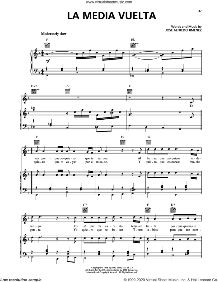 La Media Vuelta sheet music for voice, piano or guitar by Jose Alfredo Jimenez, intermediate skill level