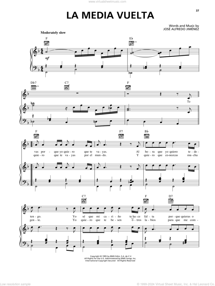 La Media Vuelta sheet music for voice, piano or guitar by Jose Alfredo Jimenez, intermediate skill level