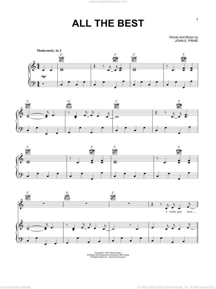 All The Best sheet music for voice, piano or guitar by John Prine and John E. Prine, intermediate skill level