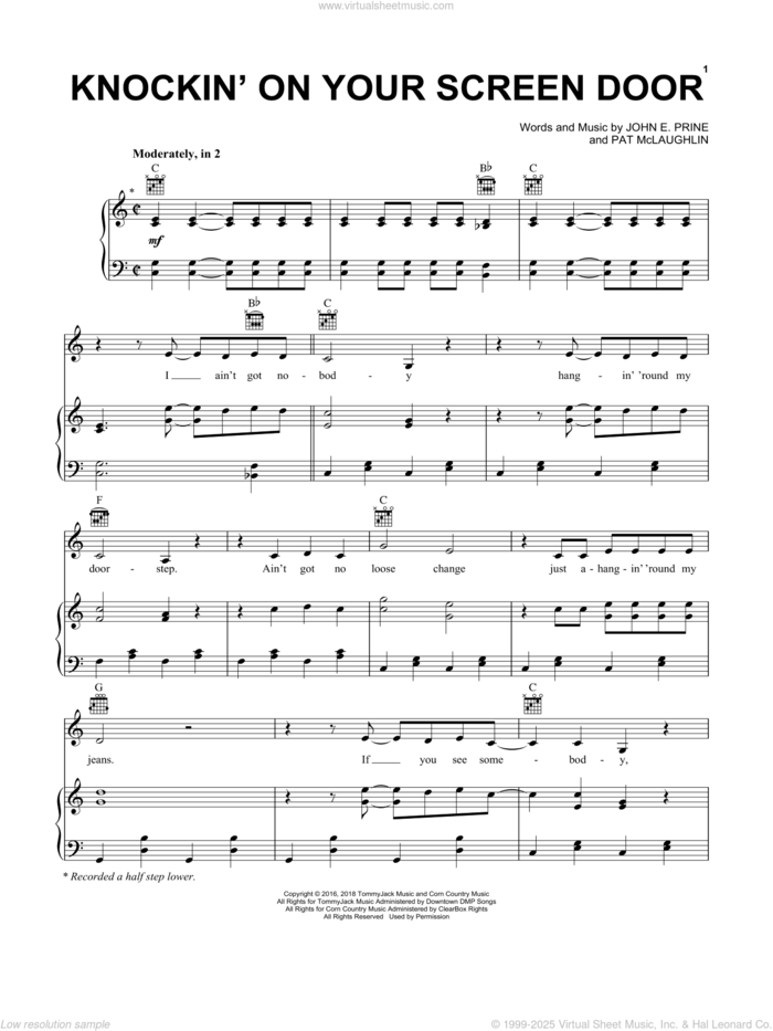 Knockin' On Your Screen Door sheet music for voice, piano or guitar by John Prine, John E. Prine and Pat McLaughlin, intermediate skill level