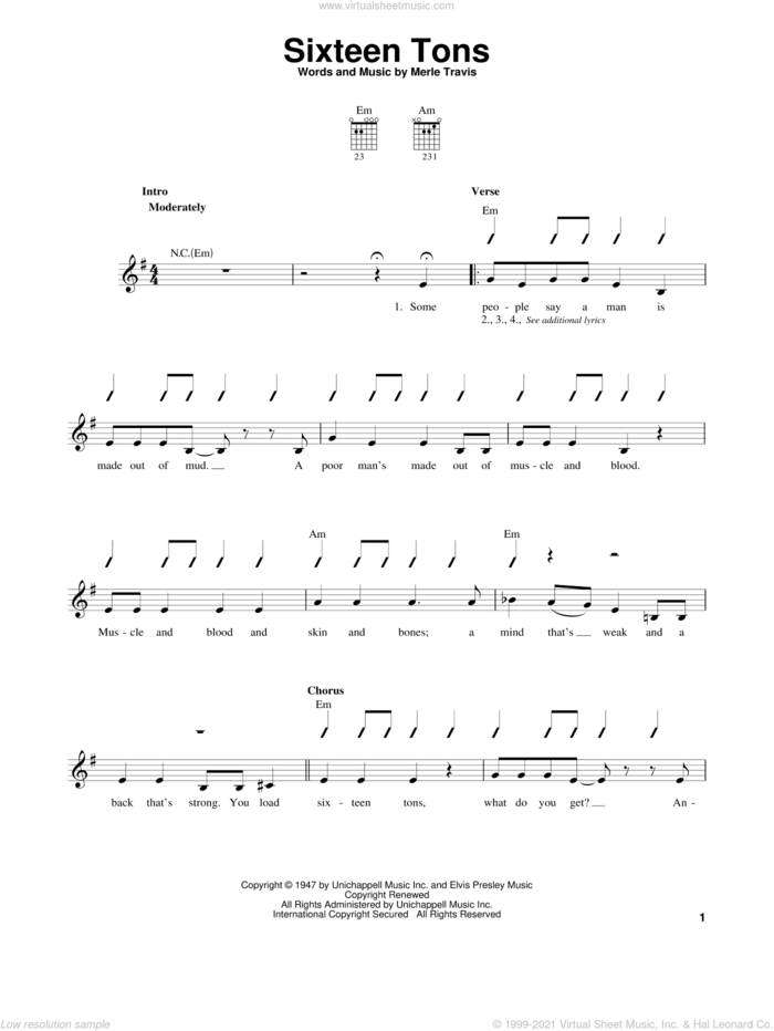 Sixteen Tons sheet music for guitar solo (chords) by Merle Travis and Tennessee Ernie Ford, easy guitar (chords)