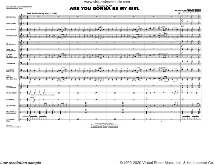 Are You Gonna Be My Girl (arr. Paul Murtha) (COMPLETE) sheet music for marching band by Paul Murtha, Cameron Muncey and Nic Cester, intermediate skill level