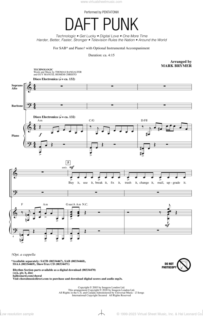 Daft Punk (Choral Medley) (arr. Mark Brymer) sheet music for choir (SAB: soprano, alto, bass) by Pentatonix, Mark Brymer, Daft Punk, Edwin Birdsong, Guy-Manuel de Homem-Christo and Thomas Bangalter, intermediate skill level