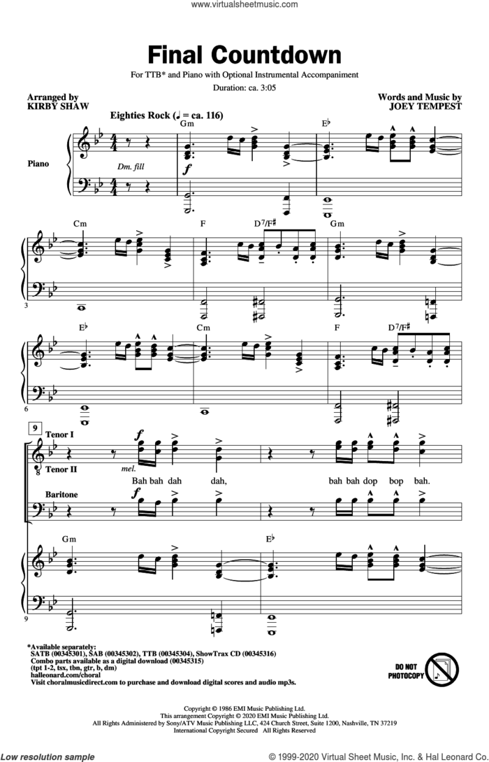 Final Countdown (arr. Kirby Shaw) sheet music for choir (TTBB: tenor, bass) by Europe, Kirby Shaw and Joey Tempest, intermediate skill level