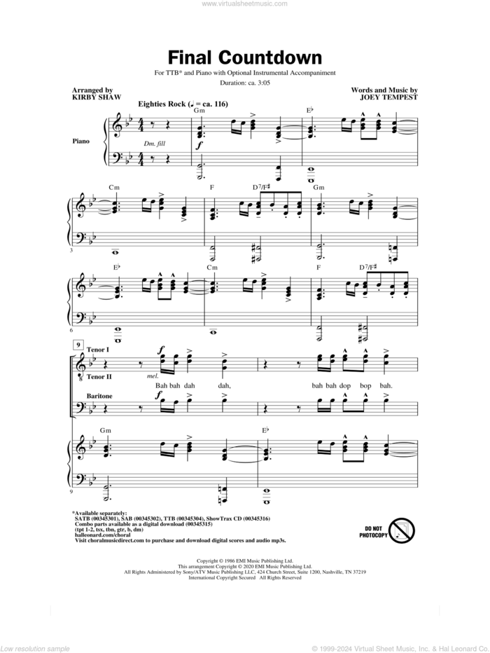 Final Countdown (arr. Kirby Shaw) sheet music for choir (TTBB: tenor, bass) by Europe, Kirby Shaw and Joey Tempest, intermediate skill level