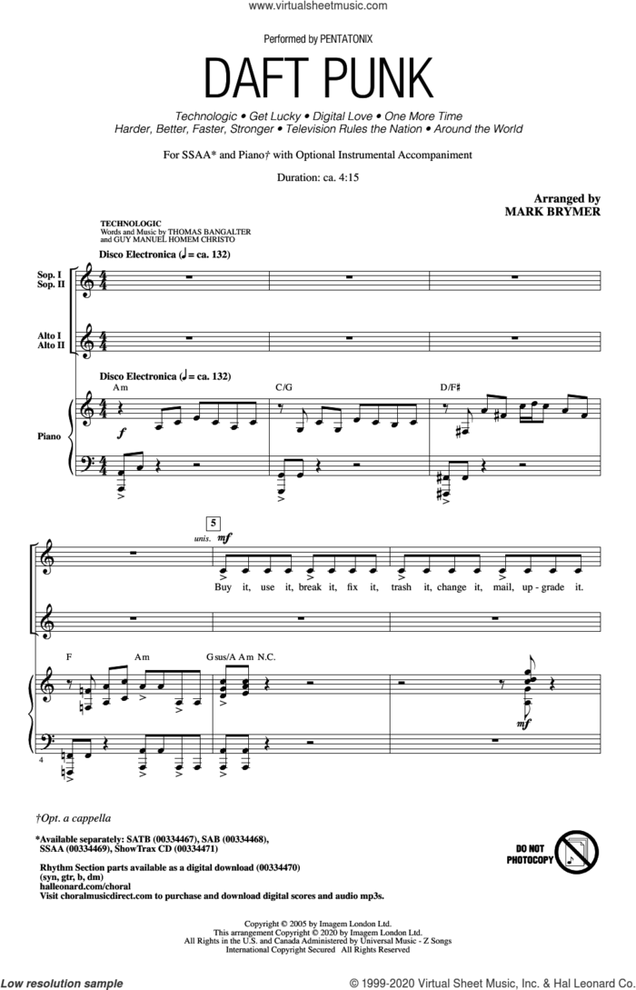 Daft Punk (Choral Medley) (arr. Mark Brymer) sheet music for choir (SSAA: soprano, alto) by Pentatonix, Mark Brymer, Daft Punk, Edwin Birdsong, Guy-Manuel de Homem-Christo and Thomas Bangalter, intermediate skill level