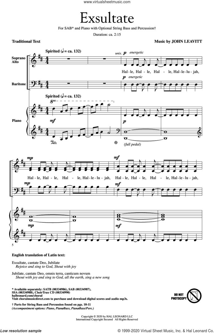 Exsultate sheet music for choir (SAB: soprano, alto, bass) by John Leavitt and Miscellaneous, intermediate skill level