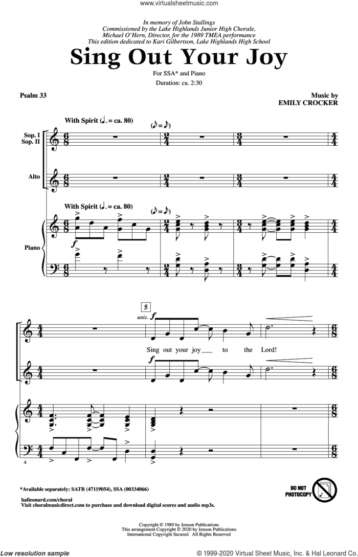Sing Out Your Joy sheet music for choir (SSA: soprano, alto) by Emily Crocker and Psalm 33, intermediate skill level