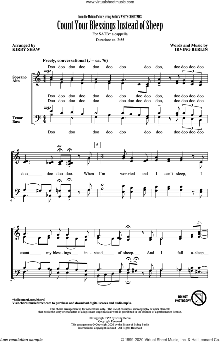 Count Your Blessings Instead Of Sheep (from White Christmas) (arr. Kirby Shaw) sheet music for choir (SATB: soprano, alto, tenor, bass) by Irving Berlin and Kirby Shaw, intermediate skill level