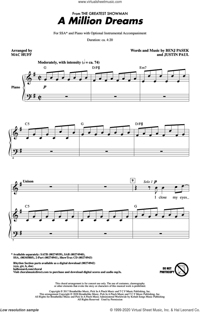 A Million Dreams (from The Greatest Showman) (arr. Mac Huff) sheet music for choir (SSA: soprano, alto) by Benj Pasek, Mac Huff, Justin Paul and Pasek & Paul, intermediate skill level