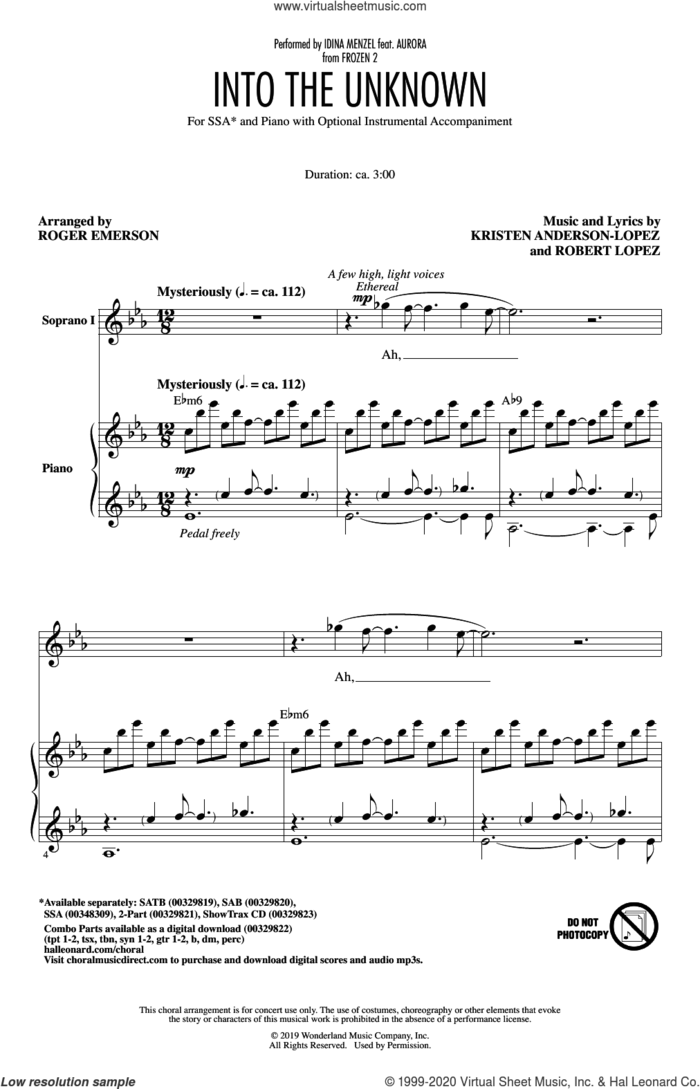 Into The Unknown (from Disney's Frozen 2) (arr. Roger Emerson) sheet music for choir (SSA: soprano, alto) by Idina Menzel and AURORA, Roger Emerson, Aurora, Idina Menzel, Kristen Anderson-Lopez and Robert Lopez, intermediate skill level