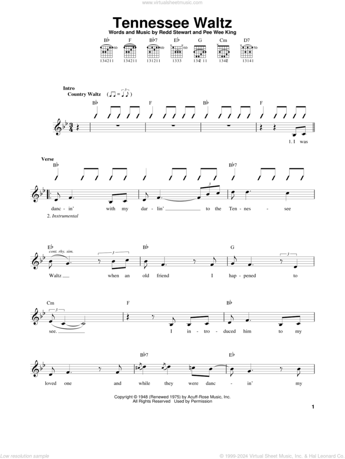 Tennessee Waltz sheet music for guitar solo (chords) by Patti Page, Pee Wee King and Redd Stewart, easy guitar (chords)