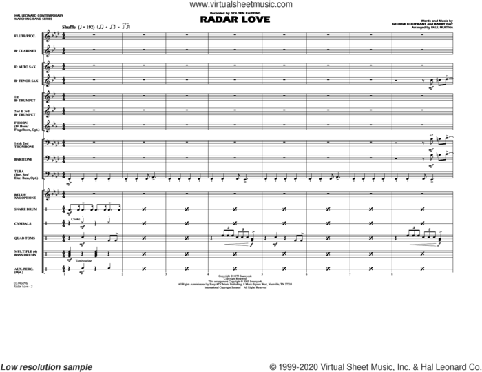 Radar Love (arr. Paul Murtha) (COMPLETE) sheet music for marching band by Paul Murtha, Barry Hay, George Kooymans and Golden Earring, intermediate skill level