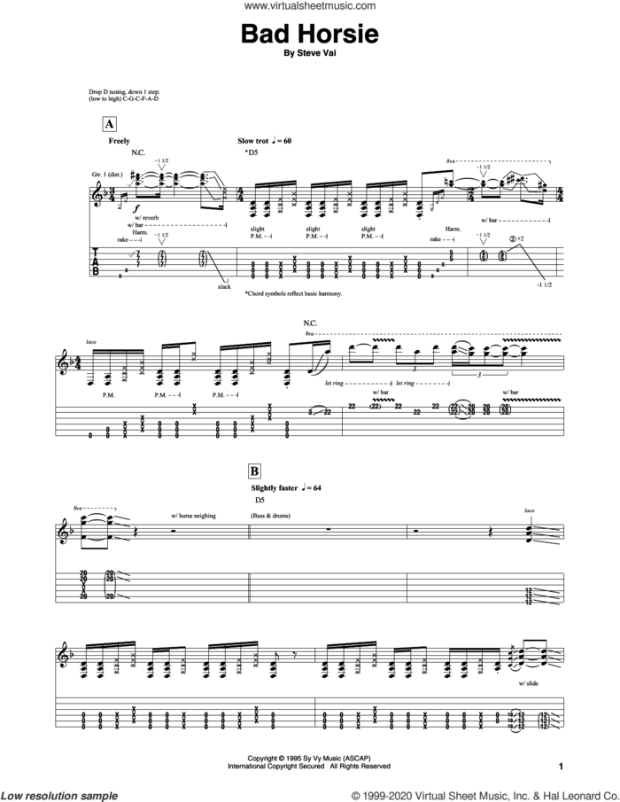 Bad Horsie sheet music for guitar (tablature) by Steve Vai, intermediate skill level