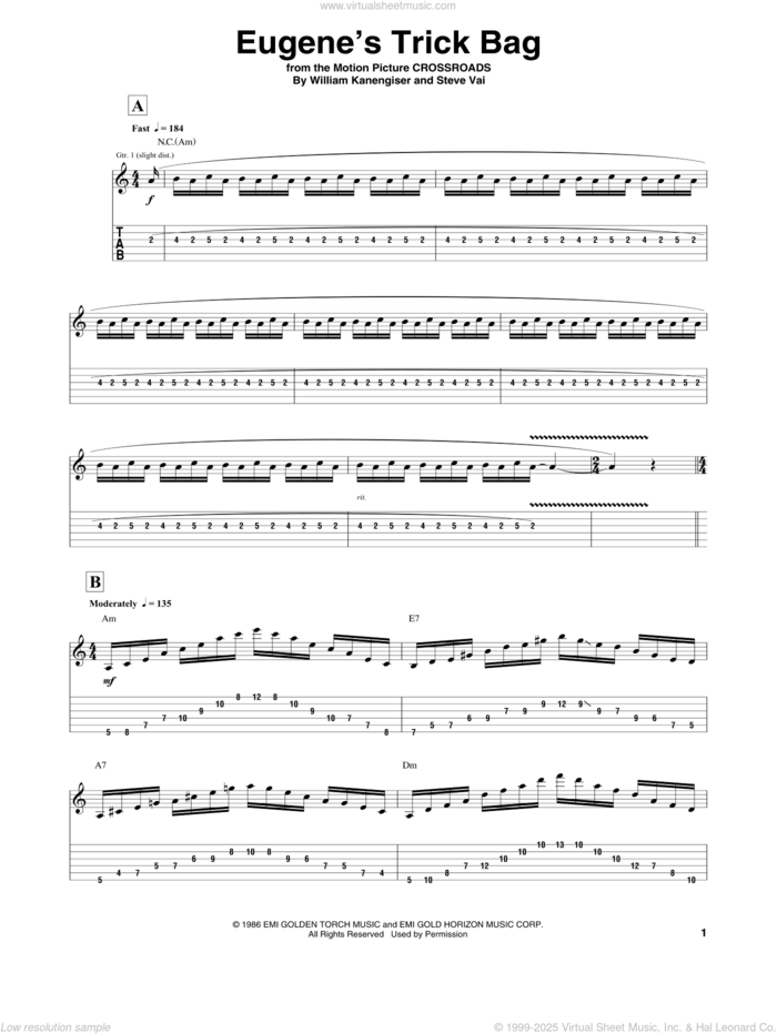 Eugene's Trick Bag sheet music for guitar (tablature) by Steve Vai and William Kanengiser, intermediate skill level