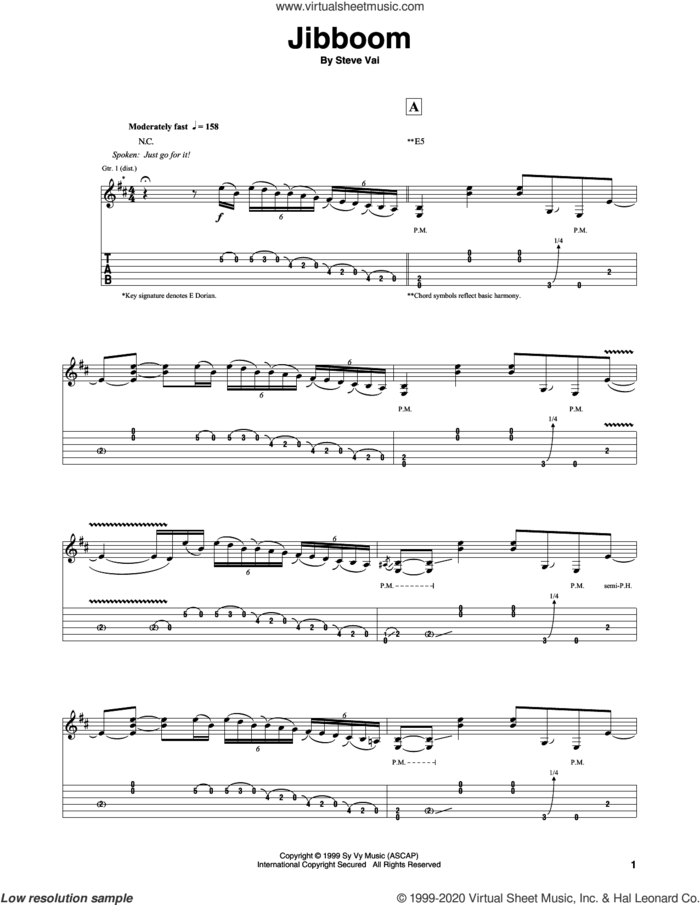 Jibboom sheet music for guitar (tablature) by Steve Vai, intermediate skill level