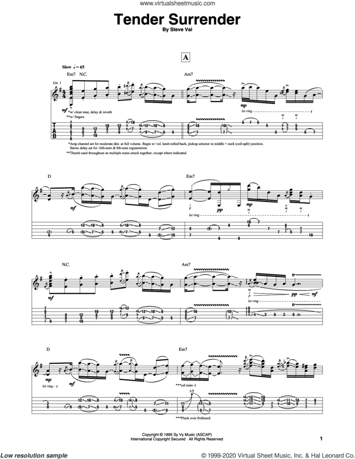 Tender Surrender sheet music for guitar (tablature) by Steve Vai, intermediate skill level
