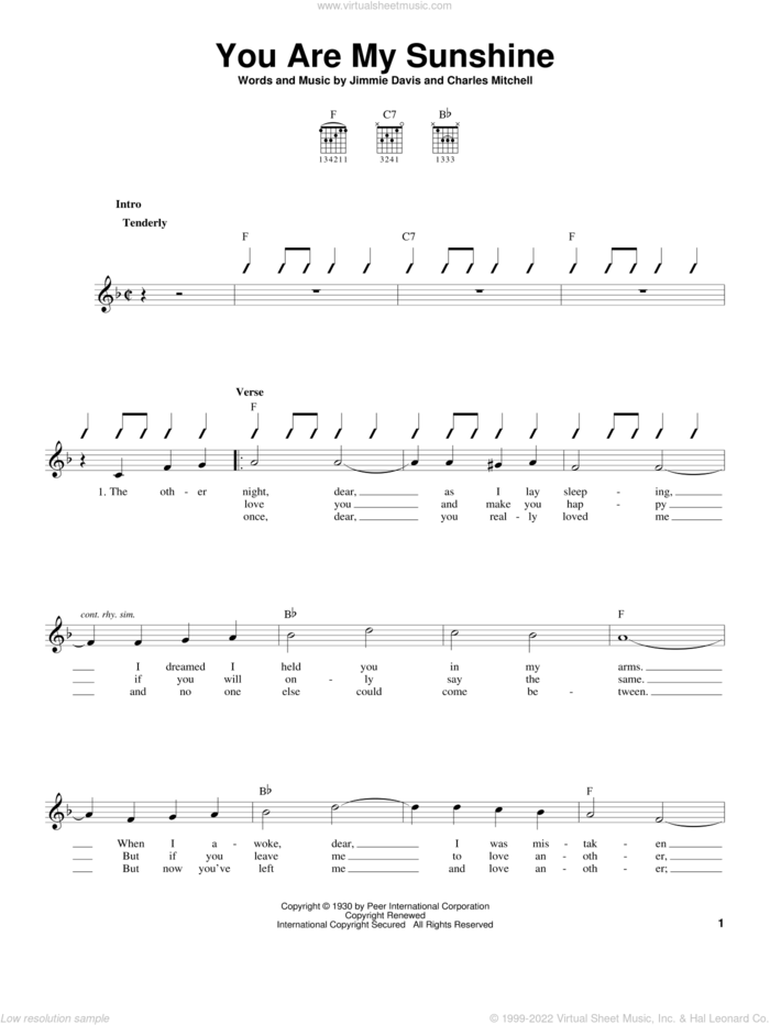 You Are My Sunshine sheet music for guitar solo (chords) by Jimmie Davis, Duane Eddy, Johnny Cash, Ray Charles and Charles Mitchell, easy guitar (chords)