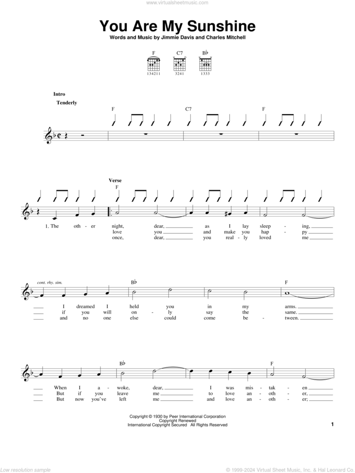 You Are My Sunshine sheet music for guitar solo (chords) by Jimmie Davis, Duane Eddy, Johnny Cash, Ray Charles and Charles Mitchell, easy guitar (chords)