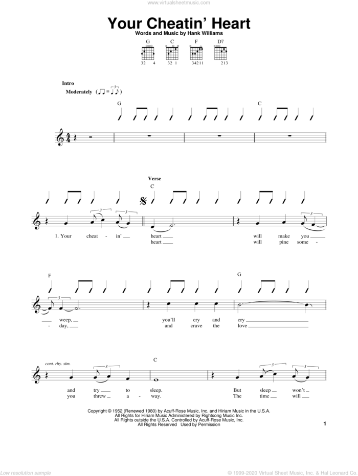Your Cheatin' Heart sheet music for guitar solo (chords) by Hank Williams and Patsy Cline, easy guitar (chords)
