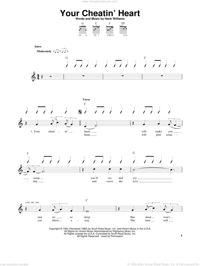 Your Cheatin' Heart sheet music for guitar solo (chords) by Hank Williams and Patsy Cline, easy guitar (chords)