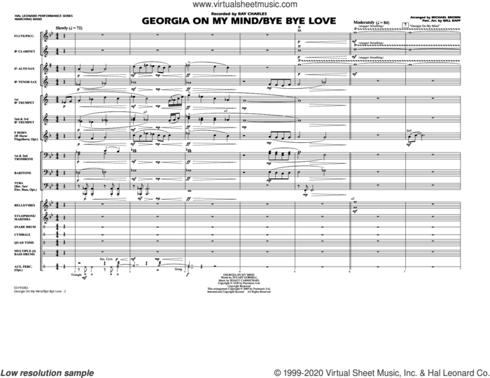 Georgia On My Mind/Bye Bye Love (arr. Michael Brown) (COMPLETE) sheet music for marching band by Ray Charles, Michael Brown and Will Rapp, intermediate skill level