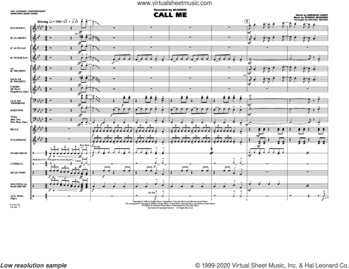 Call Me (arr. Michael Brown) (COMPLETE) sheet music for marching band by Michael Brown, Blondie, Deborah Harry and Giorgio Moroder, intermediate skill level